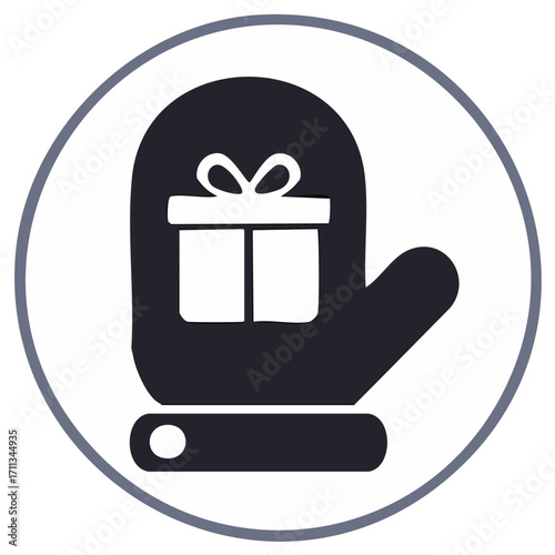 Festive mitten icon with gift box winter holiday celebrations and seasonal giving in a circular emblem graphic element
