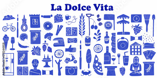 La dolce vita collection of italian lifestyle icons and symbols in blue and white