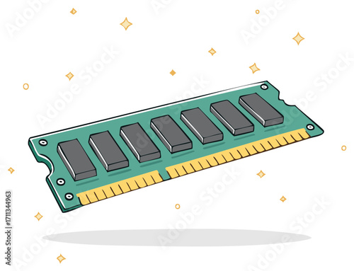 Stylized memory stick for computers with gold pins and green board floating in the air with star particles around it