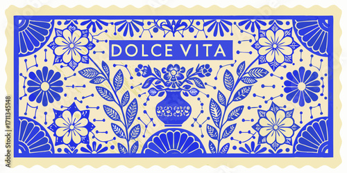 Dolce vita italian phrase with blue floral motifs and decorative elements on a cream background