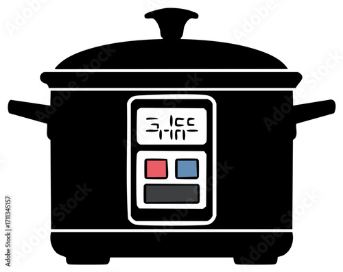 Black electric pressure cooker with digital display and buttons