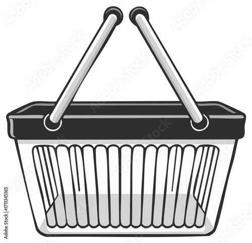 Empty transparent shopping basket illustration with black handles for retail and grocery needs