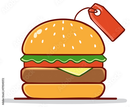 Illustrated cheeseburger with a blank red price tag for food cost and sales concepts
