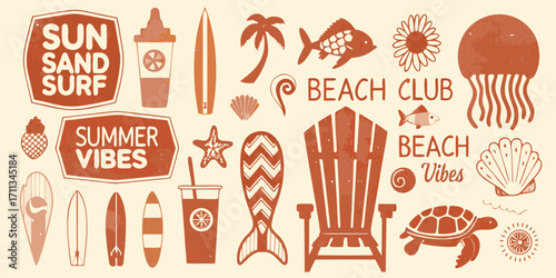 Retro summer beach vibes collection with sun sand surf and tropical elements