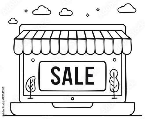 Doodle illustration of a laptop as an online store with a sale sign and awning, an e-commerce concept