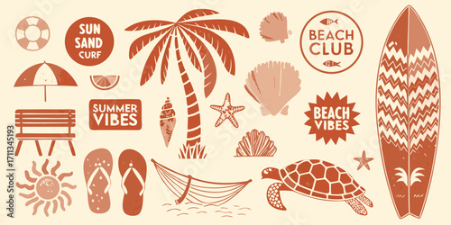 Collection of summer beach elements including palm tree surfboard seashells and turtle