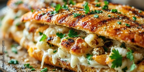 Gourmet Grilled Chicken Feta Panini with Melted Cheese and Fresh Parsley, Close-up Detail