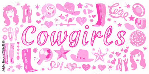 Pink cowgirl collage featuring hats boots stars hearts and silhouettes of women