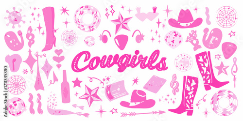 A vibrant pink collection of cowgirl themed elements and the word cowgirls in a playful font