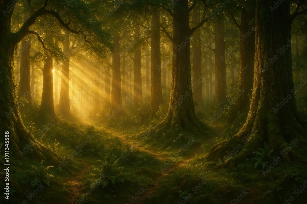 Naklejka premium Enchanted forest panorama bathed in warm golden sunrise light filtering through ancient trees