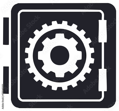 Abstract icon of a security safe with a cogwheel mechanism inside representing engineering and protection