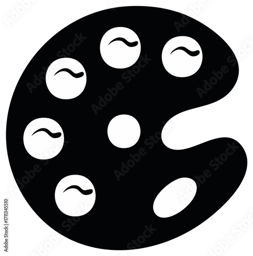 Black and white vector icon of a classic artist paint palette with paint blobs
