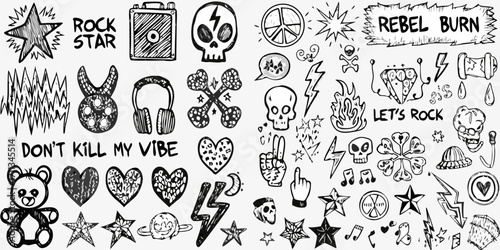 Collection of hand drawn rock and roll doodles including skulls peace signs hearts and lightning bolts