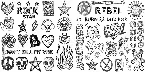 Collection of hand drawn rock and roll symbols and phrases with skulls hearts stars and teddy bears