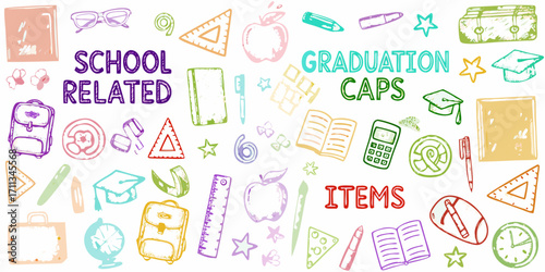 Colorful hand drawn school supplies and graduation caps with text school related graduation caps items