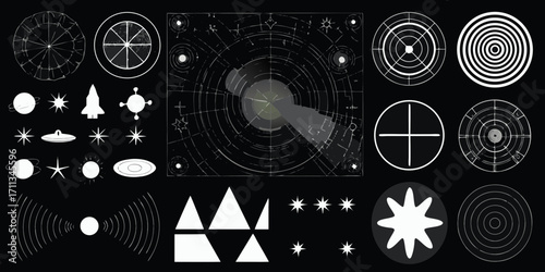 Collection of retro scifi space icons and graphics on a dark background