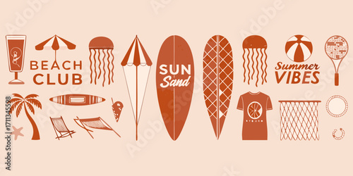 Summer beach club vacation with sun sand and ocean vibes featuring surfboards and tropical elements