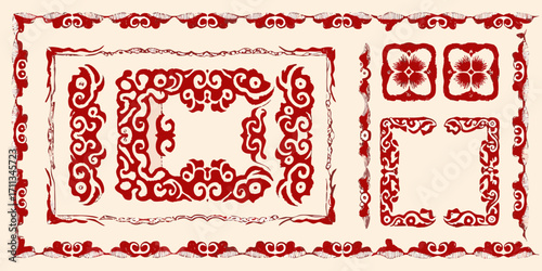 Collection of ornate red decorative borders and frames with traditional asian inspired motifs on a cream background