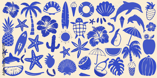 Collection of blue tropical summer beach elements and fruits on a cream background