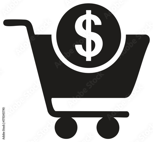 Minimalist shopping cart with dollar coin, symbolising purchase power and retail economy