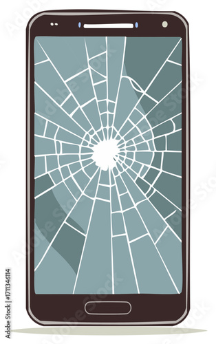 Broken mobile phone display showing radial spiderweb cracks across the digital screen
