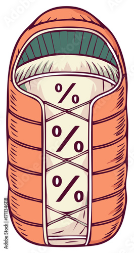 Sleeping bag with percentage signs illustration for camping gear sale and travel discount concept