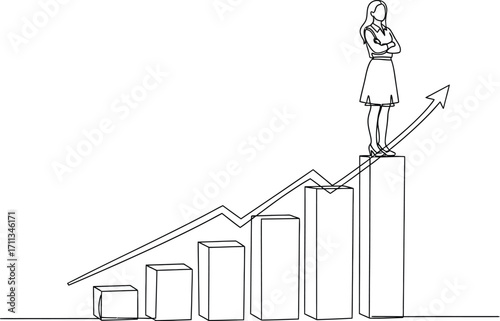 Ambitious woman standing confidently at the peak of a rising financial graph, symbolizing success and growth.