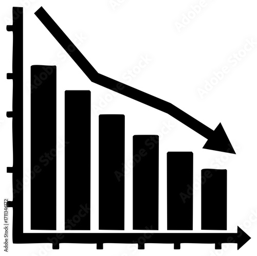 Declining bar graph with downward arrow icon hand drawn illustration