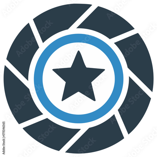 Blue star in dark circular segmented aperture icon with a blue ring symbol