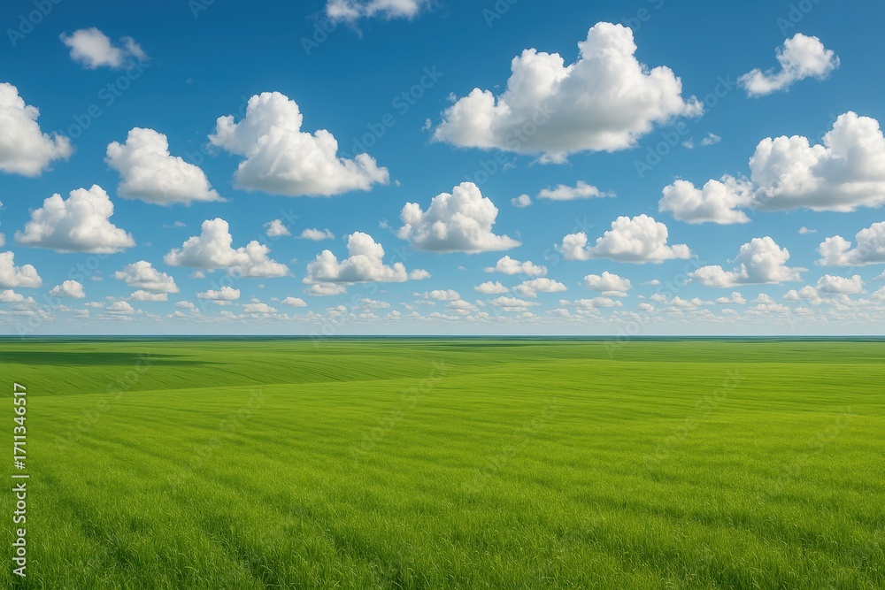 Naklejka premium Endless emerald meadow under brilliant azure sky creating perfect pastoral landscape for agricultural themes