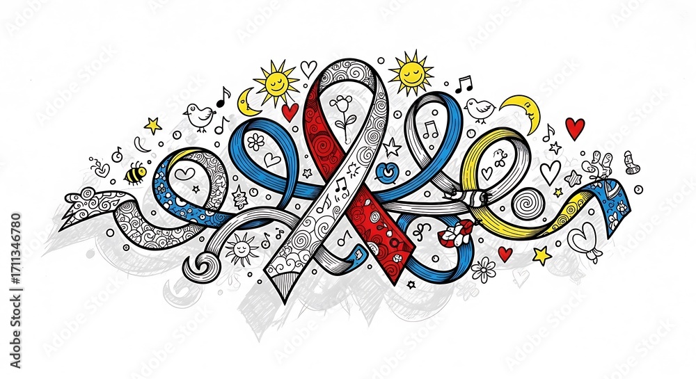 Fototapeta premium Colorful Awareness Ribbon Doodle Design.