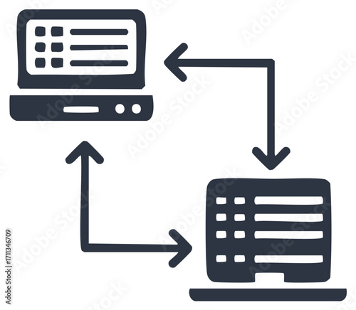 Two computers exchanging data with arrows showing bidirectional flow and lists on screens