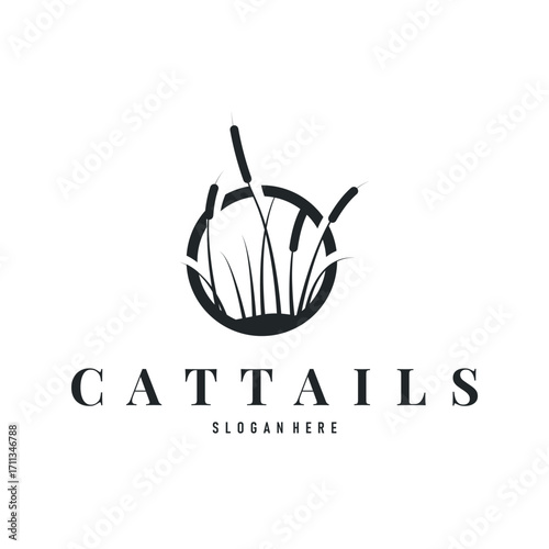 cattails logo river grass plant with river concept and simple silhouette plant design symbol illustration tremlet icon poster or product