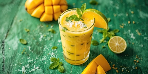 Yellow Tropical Smoothie, Cool Summer Drink on Green Surface