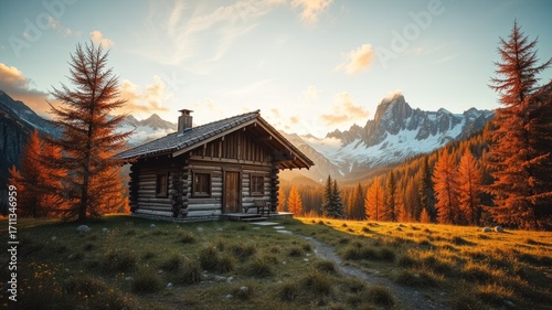 Wooden Cabin at Dawn, Seiser Alm, Italy