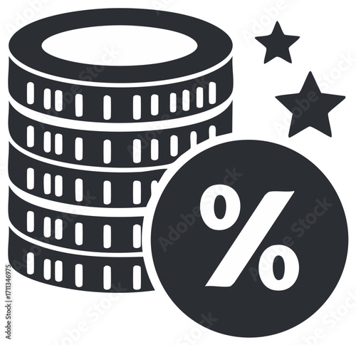Coin stack with percentage symbol and stars icon isolated