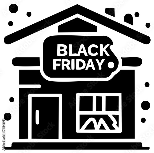 Black Friday sale announcement poster, store front icon illustration.