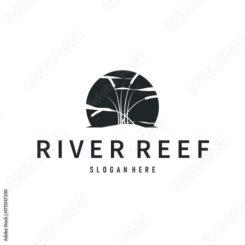 cattails logo river grass plant with river concept and simple silhouette plant design symbol illustration tremlet icon poster or product
