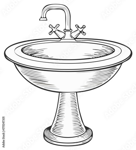 Hand Drawn Washbasin with Faucet Illustration of Antique Vanity Sink in Decorative Style