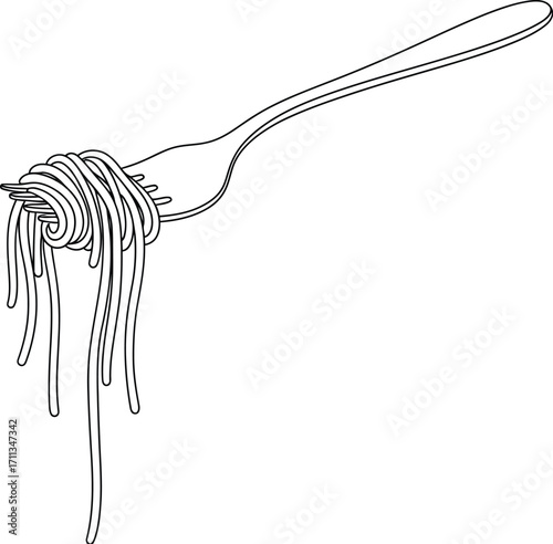 Simple line drawing of spaghetti twirled on a fork, ready to eat.