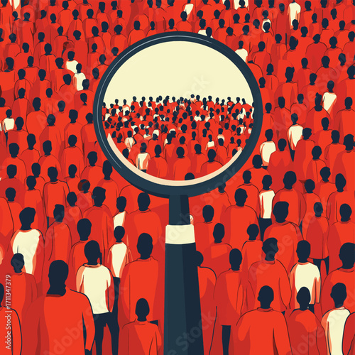 Magnifying glass focuses on a single individual within a large crowd, highlighting selection and distinction. , vector style simple color
