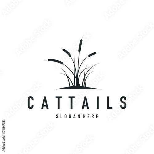 cattails logo river grass plant with river concept and simple silhouette plant design symbol illustration tremlet icon poster or product
