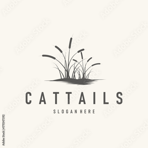 cattails logo river grass plant with river concept and simple silhouette plant design symbol illustration tremlet icon poster or product