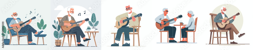 Fototapeta premium vector grandfather sitting on chair with guitar