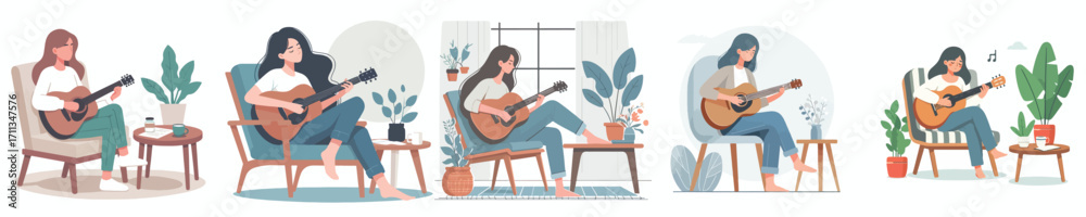 Fototapeta premium vector woman sitting on chair with guitar