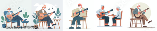 vector grandfather sitting on chair with guitar