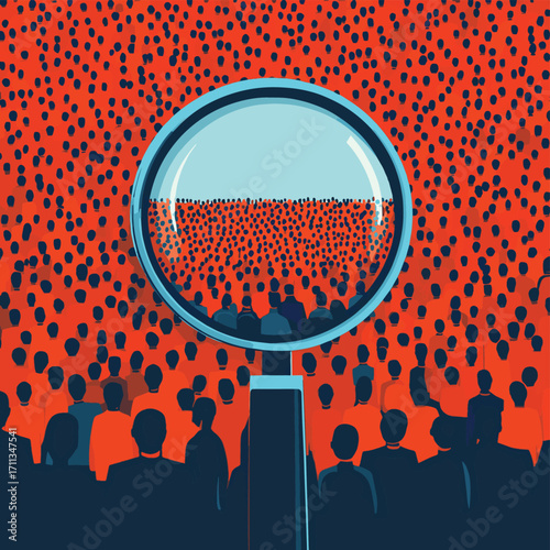 Magnifying glass focuses on a single individual within a large crowd, highlighting selection and distinction. , vector style simple color