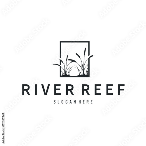 cattails logo river grass plant with river concept and simple silhouette plant design symbol illustration tremlet icon poster or product