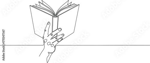 Single line drawing of a hand holding an open book, symbolizing knowledge and imagination.