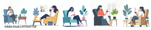 vector woman sitting on chair with coffee